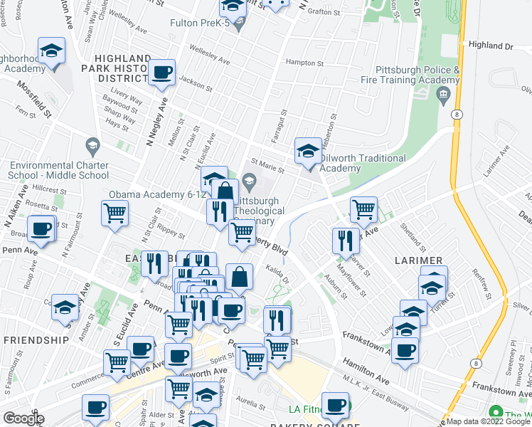 map of restaurants, bars, coffee shops, grocery stores, and more near 616 Sheridan Avenue in Pittsburgh