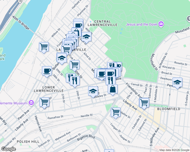 map of restaurants, bars, coffee shops, grocery stores, and more near 323 Main Street in Pittsburgh