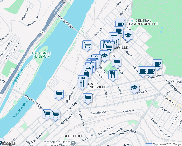 map of restaurants, bars, coffee shops, grocery stores, and more near 3728 Charlotte Street in Pittsburgh