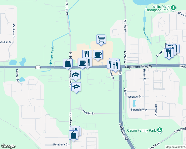 map of restaurants, bars, coffee shops, grocery stores, and more near 3451 Wyndham Way in West Lafayette