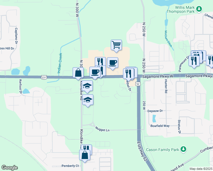 map of restaurants, bars, coffee shops, grocery stores, and more near 3451 Wyndham Way in West Lafayette