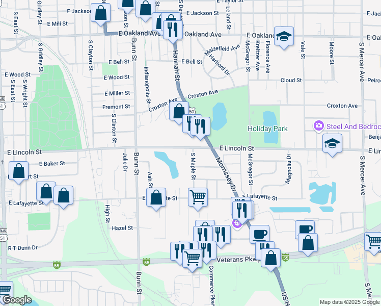 map of restaurants, bars, coffee shops, grocery stores, and more near 1006 E Lincoln St in Bloomington