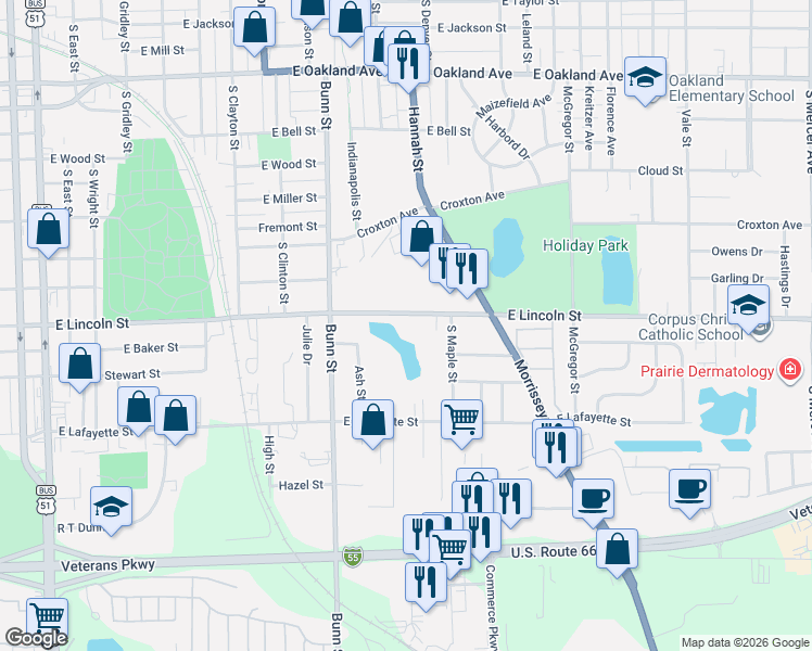 map of restaurants, bars, coffee shops, grocery stores, and more near 1004 East Lincoln Street in Bloomington