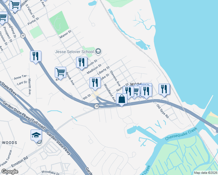 map of restaurants, bars, coffee shops, grocery stores, and more near 327 Woodland Avenue in South Amboy