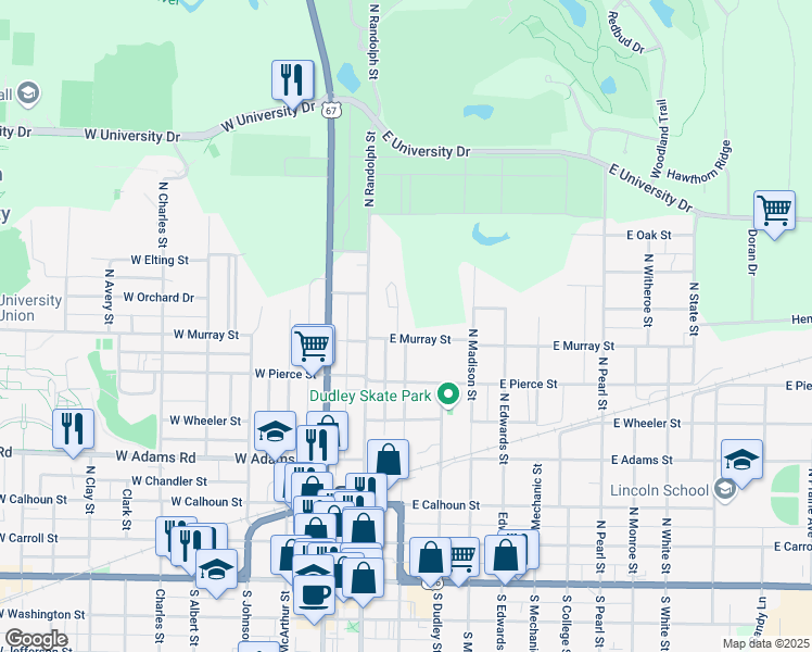 map of restaurants, bars, coffee shops, grocery stores, and more near 703 North Campbell Street in Macomb