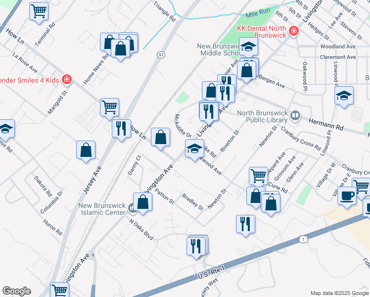 map of restaurants, bars, coffee shops, grocery stores, and more near 4 McAuliffe Drive in North Brunswick Township