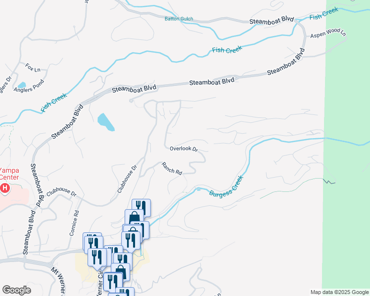 map of restaurants, bars, coffee shops, grocery stores, and more near 1327 Overlook Drive in Steamboat Springs