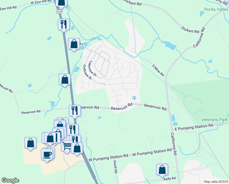 map of restaurants, bars, coffee shops, grocery stores, and more near 6 Walnut Lane in Quakertown