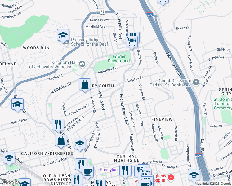 map of restaurants, bars, coffee shops, grocery stores, and more near 2306 Perrysville Avenue in Pittsburgh