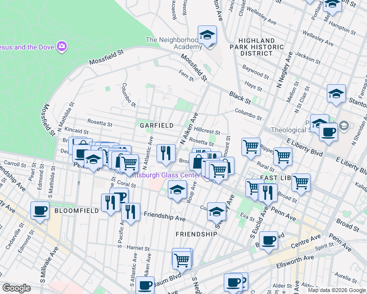 map of restaurants, bars, coffee shops, grocery stores, and more near 248 North Aiken Avenue in Pittsburgh