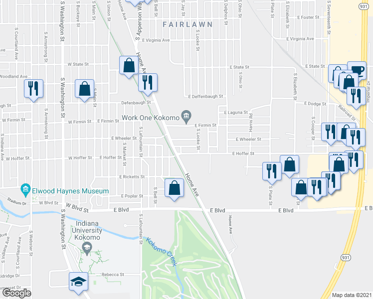 map of restaurants, bars, coffee shops, grocery stores, and more near 702 East Hoffer Street in Kokomo