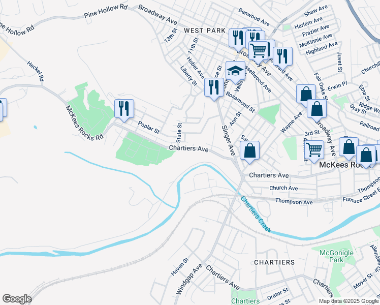 map of restaurants, bars, coffee shops, grocery stores, and more near 1442 Chartiers Avenue in McKees Rocks