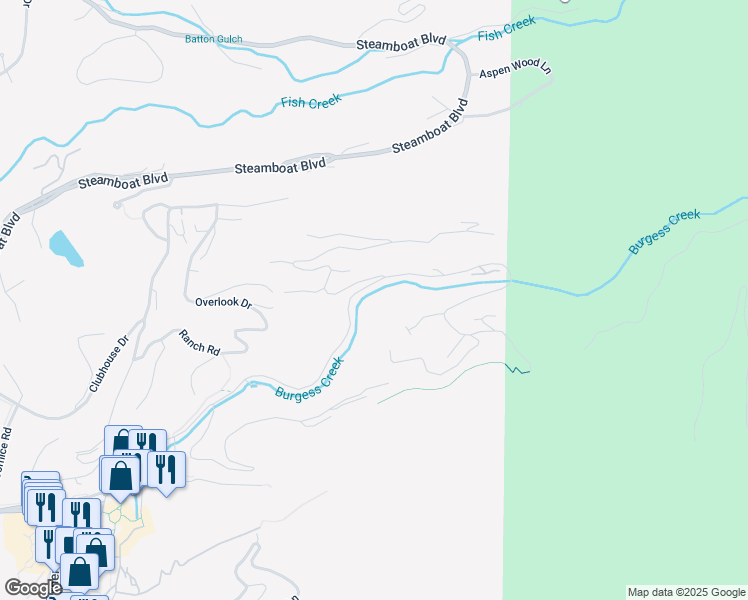 map of restaurants, bars, coffee shops, grocery stores, and more near 2607 Burgess Creek Road in Steamboat Springs