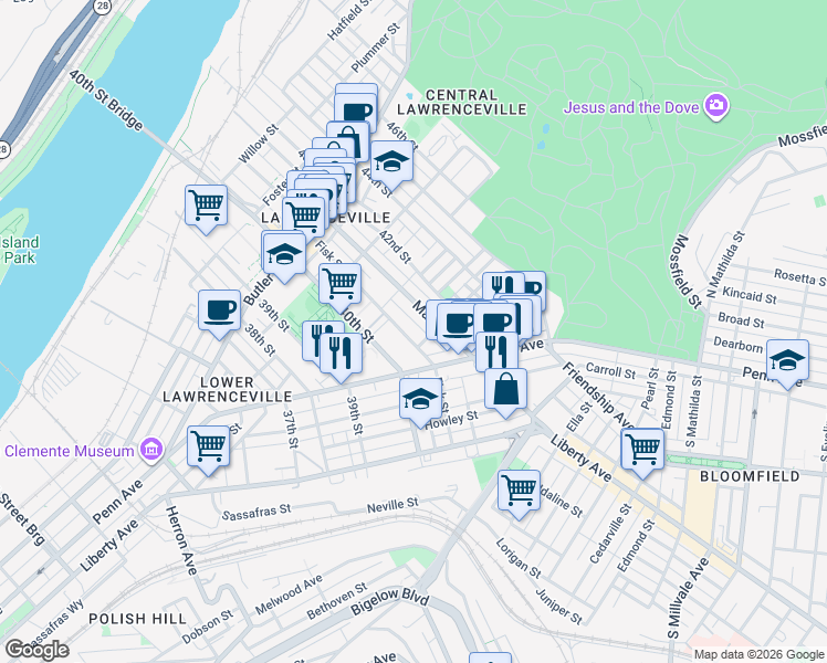 map of restaurants, bars, coffee shops, grocery stores, and more near 323 Main Street in Pittsburgh