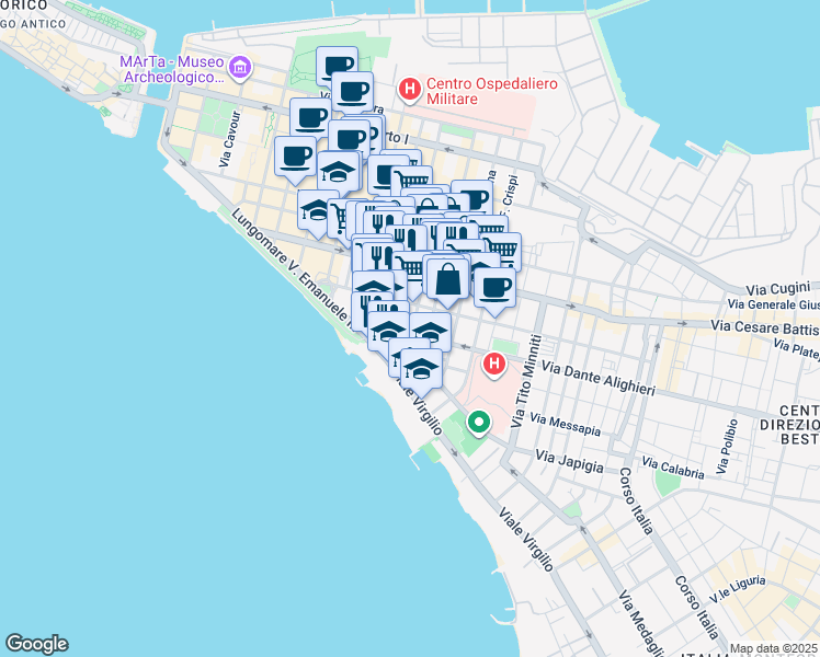 map of restaurants, bars, coffee shops, grocery stores, and more near 94 Via F.Cavallotti in Taranto