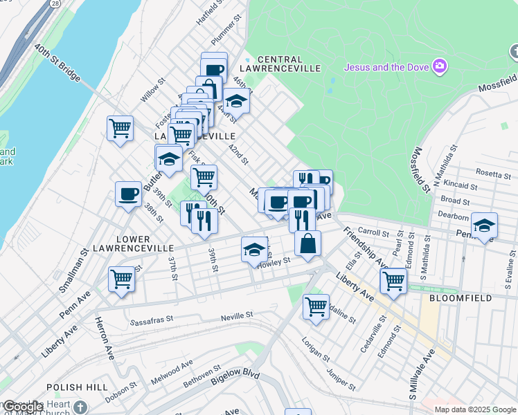 map of restaurants, bars, coffee shops, grocery stores, and more near 323 Main Street in Pittsburgh