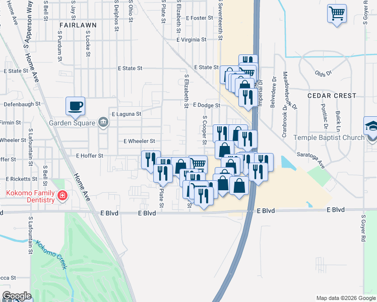 map of restaurants, bars, coffee shops, grocery stores, and more near 1400 East Hoffer Street in Kokomo