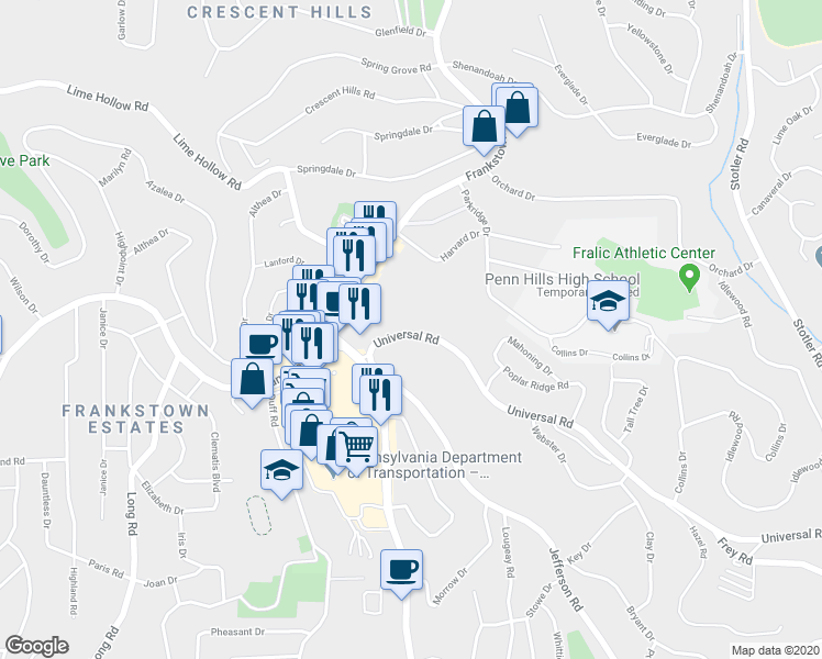 map of restaurants, bars, coffee shops, grocery stores, and more near 141 Universal Road in Pittsburgh