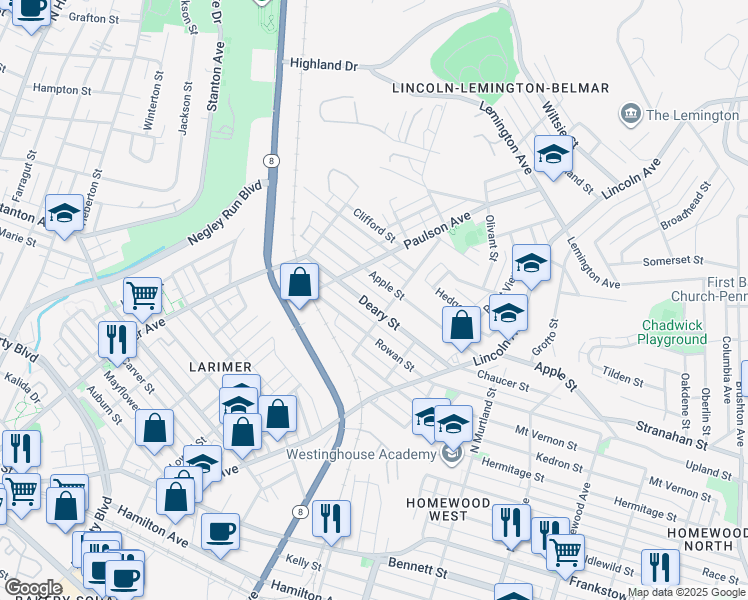 map of restaurants, bars, coffee shops, grocery stores, and more near 6535 Apple Street in Pittsburgh
