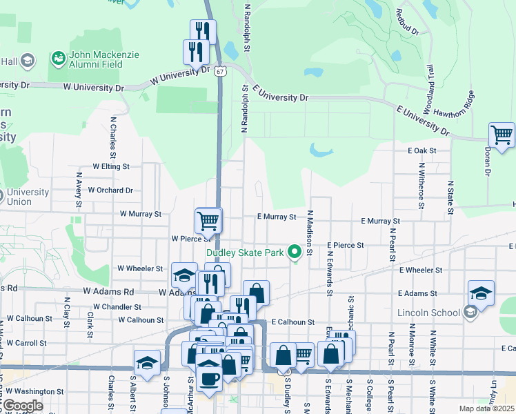 map of restaurants, bars, coffee shops, grocery stores, and more near 704 North Campbell Street in Macomb