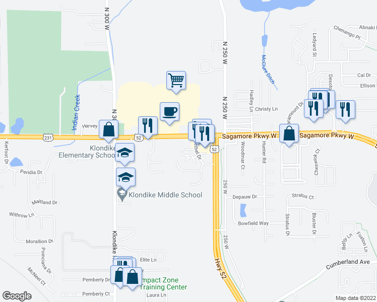 map of restaurants, bars, coffee shops, grocery stores, and more near 3524 Bethel Drive in West Lafayette