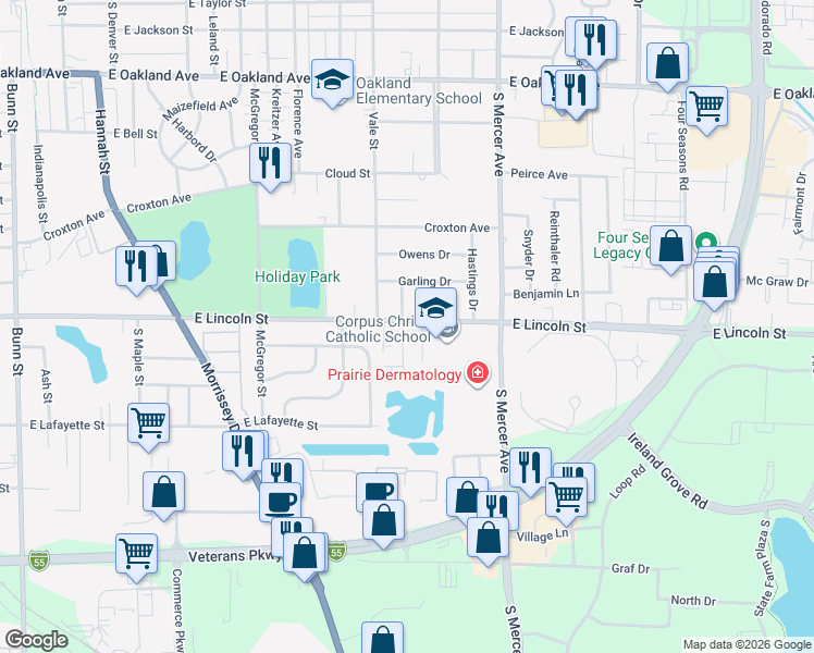 map of restaurants, bars, coffee shops, grocery stores, and more near 1010 Arlene Court in Bloomington