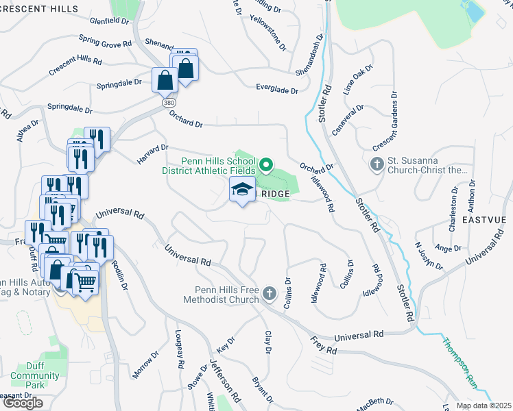 map of restaurants, bars, coffee shops, grocery stores, and more near in Penn Hills