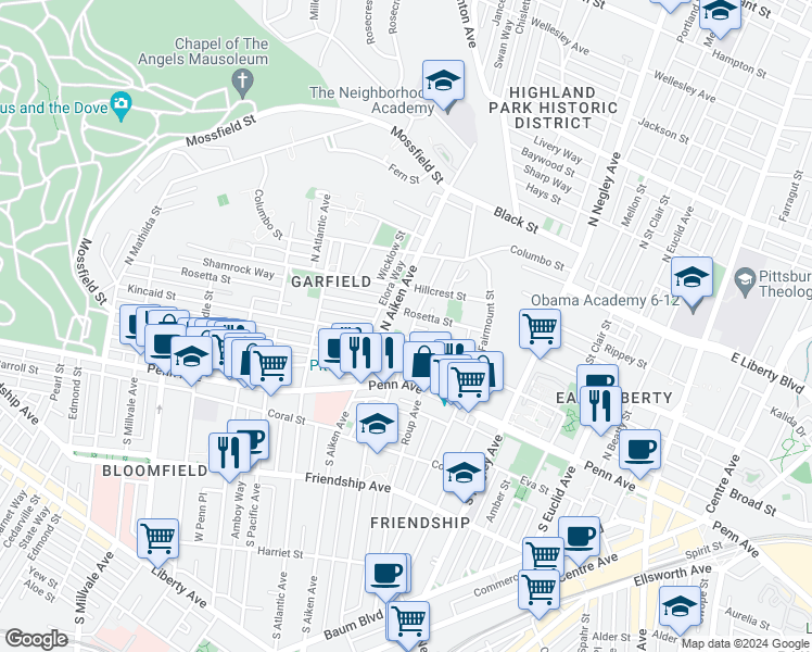 map of restaurants, bars, coffee shops, grocery stores, and more near in Pittsburgh