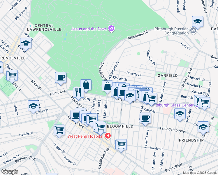 map of restaurants, bars, coffee shops, grocery stores, and more near 4815 Broad Street in Pittsburgh