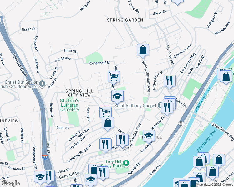 map of restaurants, bars, coffee shops, grocery stores, and more near 1421 Hetzel Street in Pittsburgh