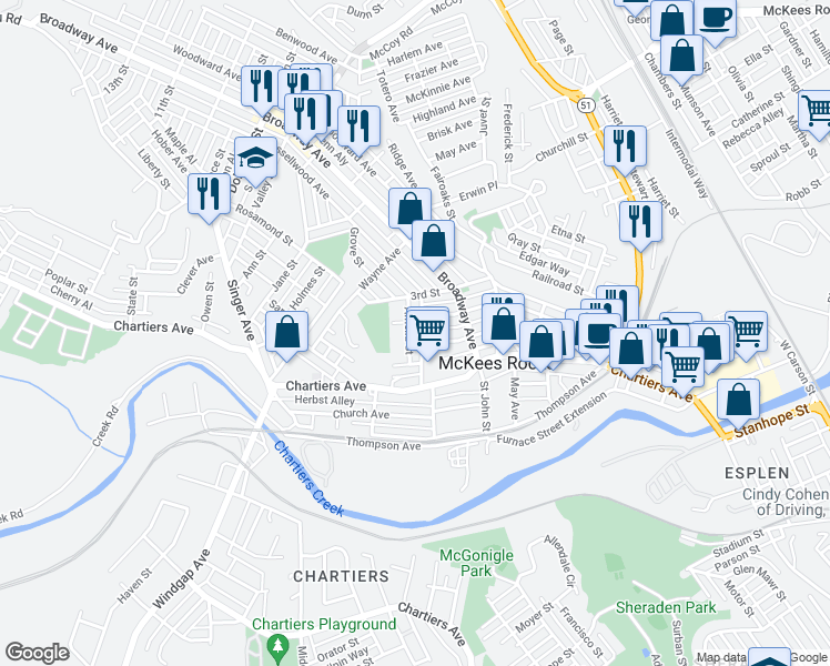map of restaurants, bars, coffee shops, grocery stores, and more near 1025 2nd Street in McKees Rocks