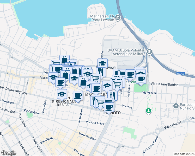 map of restaurants, bars, coffee shops, grocery stores, and more near 167 Via Cesare Battisti in Taranto
