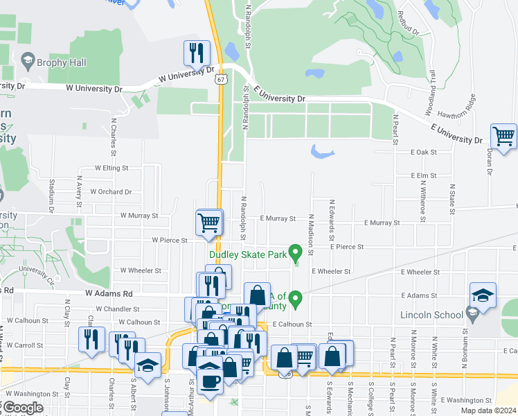 map of restaurants, bars, coffee shops, grocery stores, and more near 706 North Campbell Street in Macomb