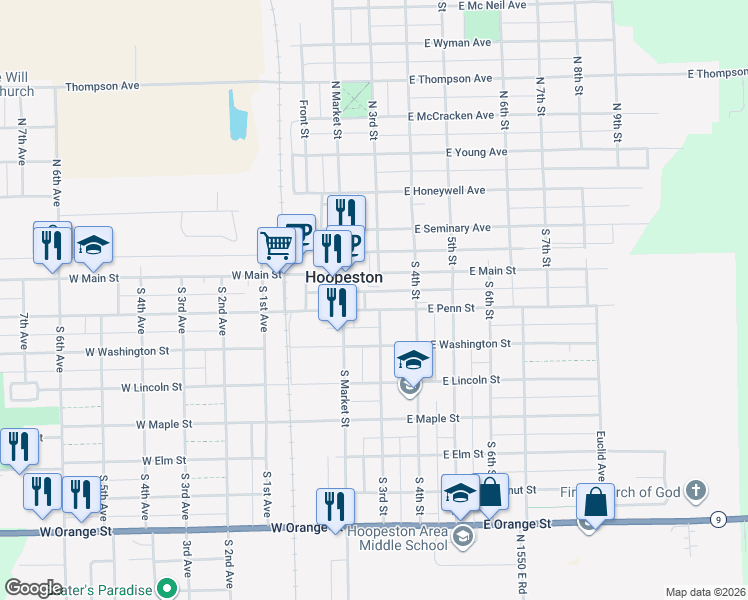 map of restaurants, bars, coffee shops, grocery stores, and more near 300-398 East Main Street in Hoopeston