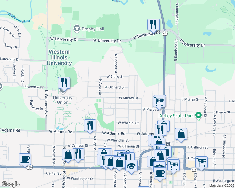 map of restaurants, bars, coffee shops, grocery stores, and more near 709 North Charles Street in Macomb