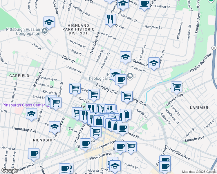map of restaurants, bars, coffee shops, grocery stores, and more near 5825 East Liberty Boulevard in Pittsburgh