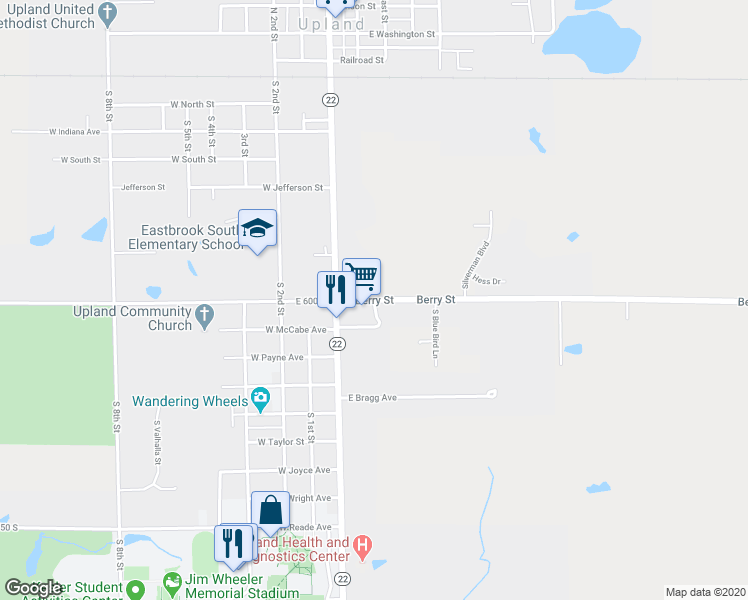 map of restaurants, bars, coffee shops, grocery stores, and more near 261 East Berry Street in Upland