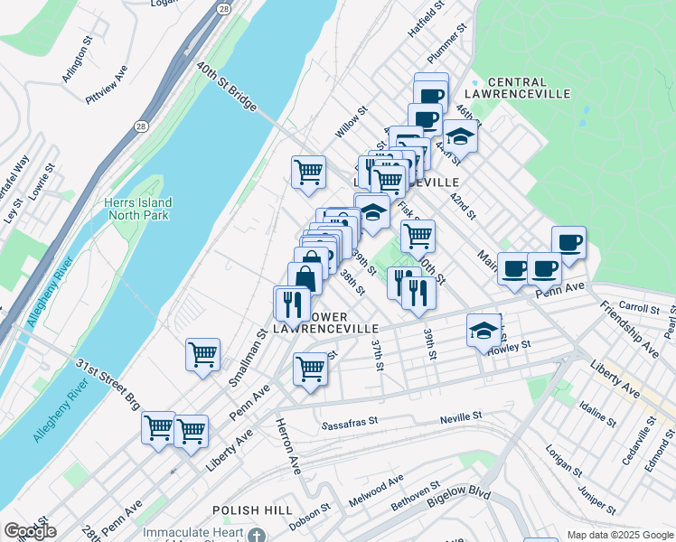 map of restaurants, bars, coffee shops, grocery stores, and more near 3816 Butler Street in Pittsburgh