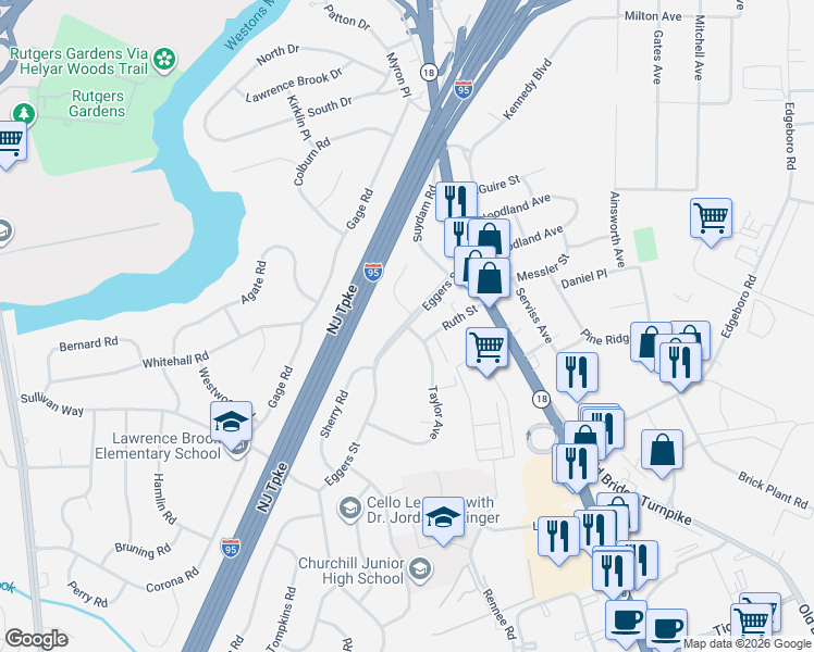 map of restaurants, bars, coffee shops, grocery stores, and more near 23 Eggers Street in East Brunswick