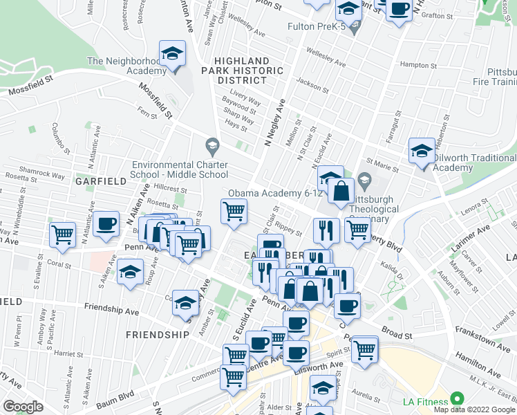 map of restaurants, bars, coffee shops, grocery stores, and more near 5684 East Liberty Boulevard in Pittsburgh
