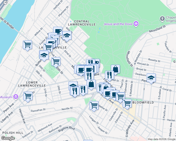 map of restaurants, bars, coffee shops, grocery stores, and more near 4227 Keller Street in Pittsburgh
