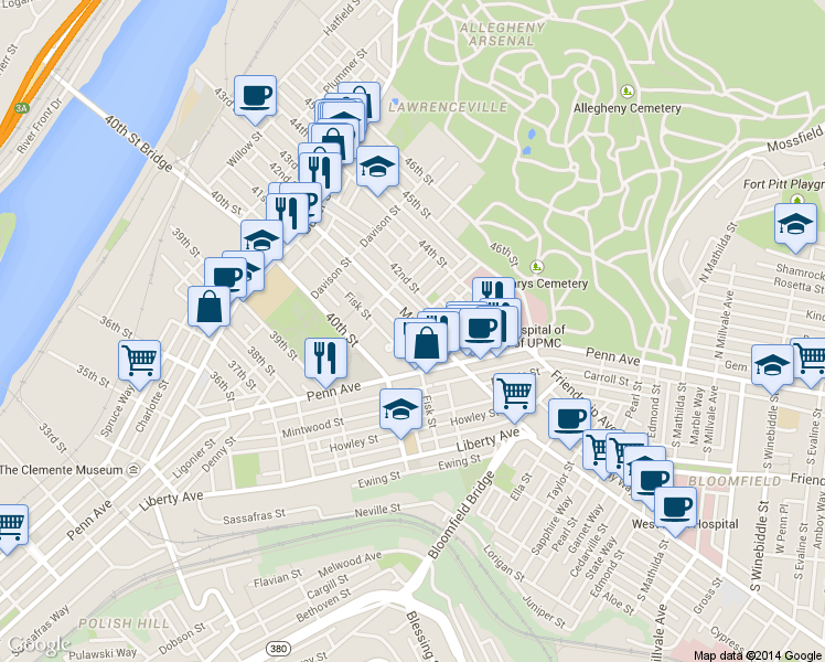 map of restaurants, bars, coffee shops, grocery stores, and more near 323 Main Street in Pittsburgh