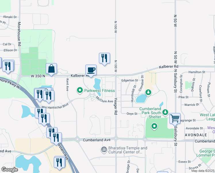 map of restaurants, bars, coffee shops, grocery stores, and more near 1050 West 350 North in West Lafayette
