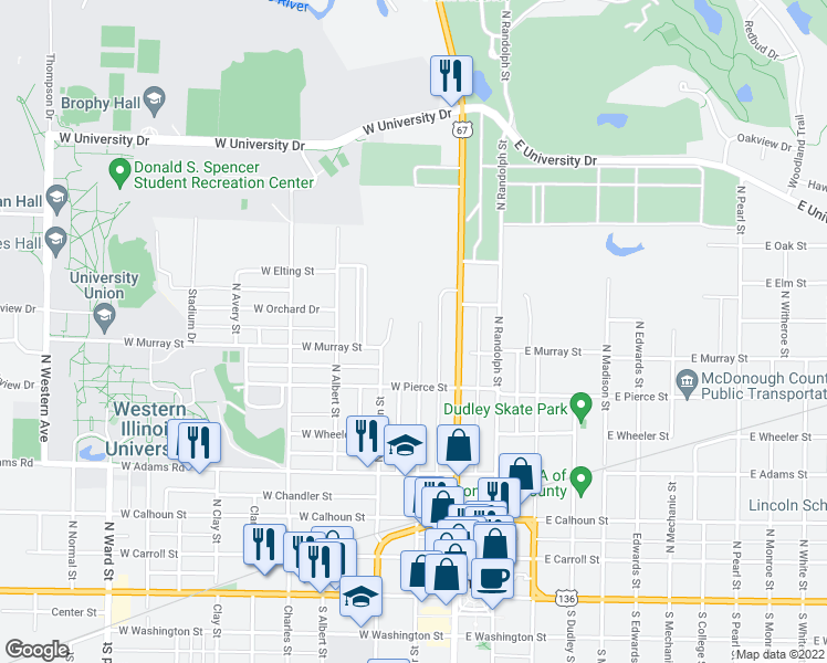 map of restaurants, bars, coffee shops, grocery stores, and more near 716 North McArthur Street in Macomb