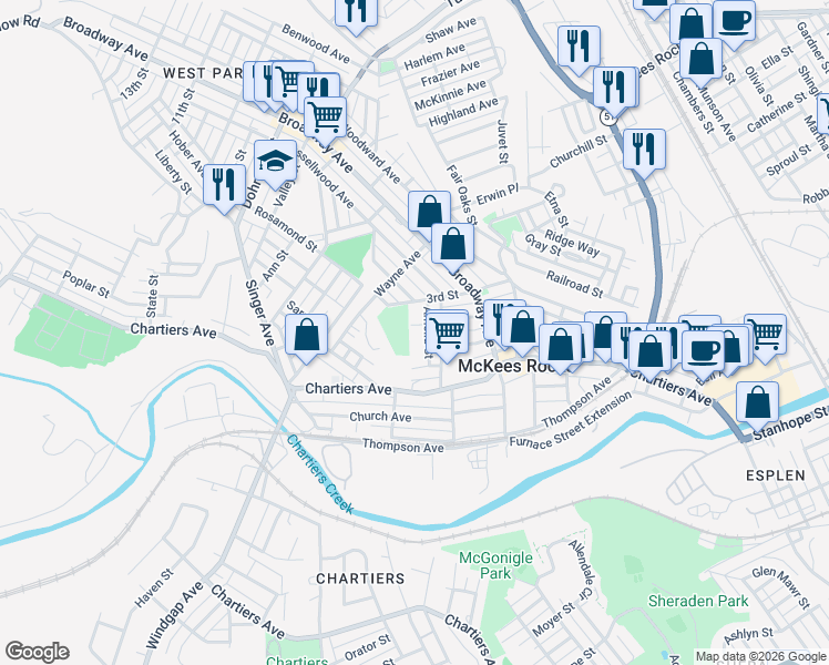 map of restaurants, bars, coffee shops, grocery stores, and more near 1110 Progress Street in McKees Rocks