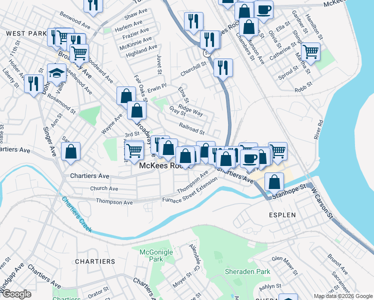 map of restaurants, bars, coffee shops, grocery stores, and more near 801 Frank Street in McKees Rocks