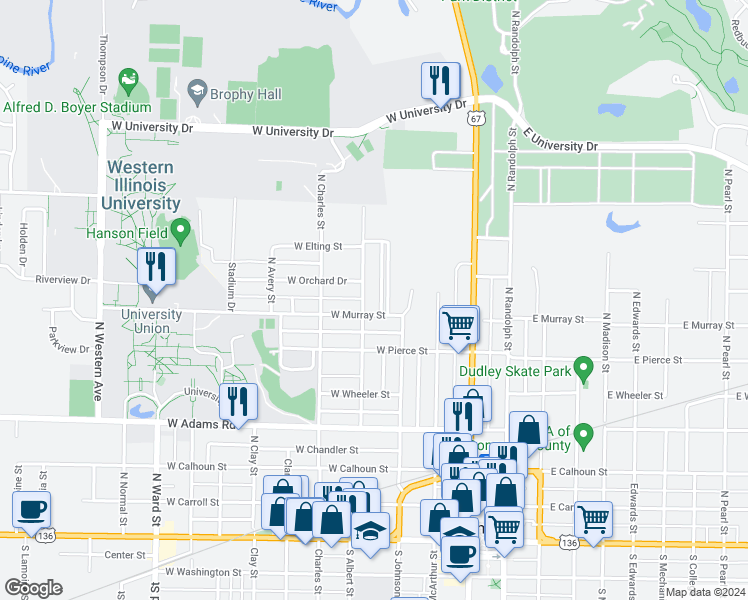 map of restaurants, bars, coffee shops, grocery stores, and more near 114 Chandler Boulevard in Macomb