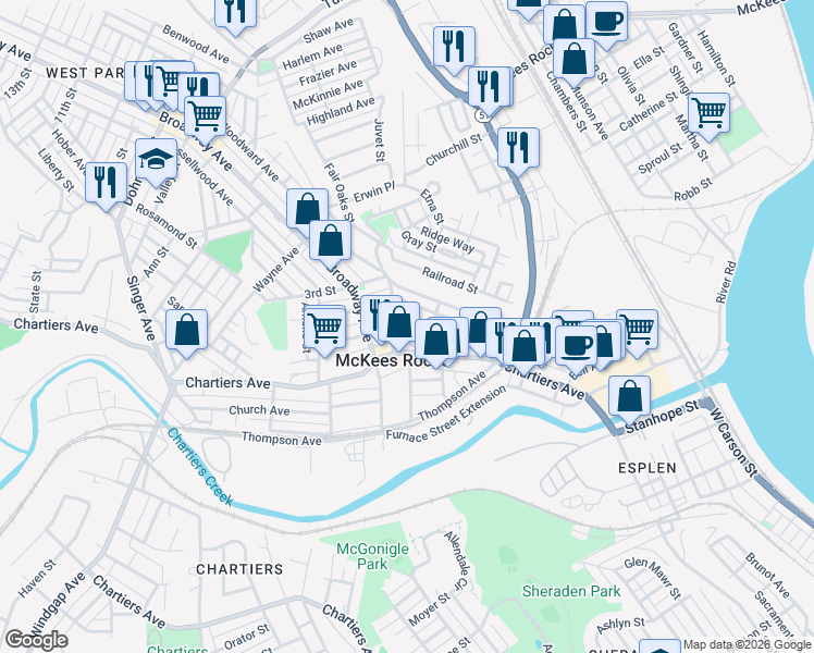 map of restaurants, bars, coffee shops, grocery stores, and more near 18 1st Street in McKees Rocks