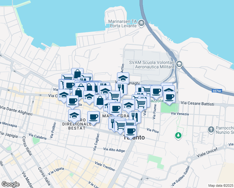 map of restaurants, bars, coffee shops, grocery stores, and more near 167 Via Cesare Battisti in Taranto