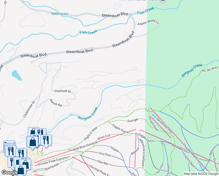 map of restaurants, bars, coffee shops, grocery stores, and more near 2617 Burgess Creek Road in Steamboat Springs